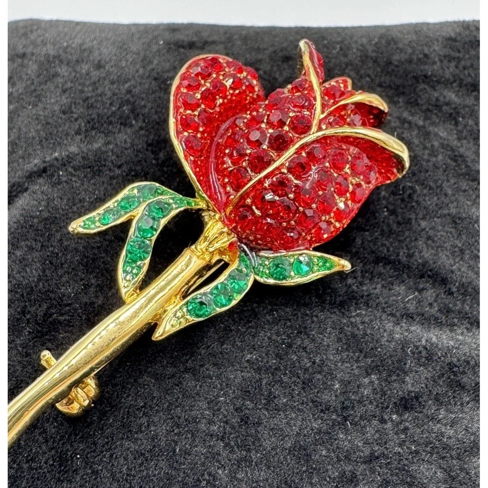 Gold Tone Single‎ Red Rose Sparkling Rhinestone Flower Brooch Valentines Day Pin